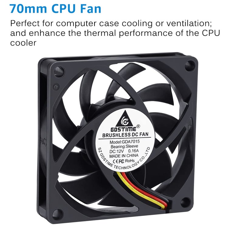 GDSTIME 70mm x 70mm x 15mm 12V 3PIN DC Brushless CPU Cooler Fan - Image 3